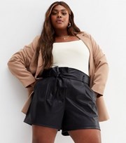 New Look Curves Black Leather-Look Belted Shorts